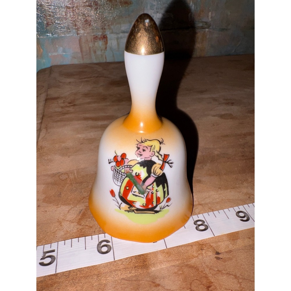 Vintage Enesco Japan‎ Porcelain Bell Girl with Flower Basket Orange Ombre Gold